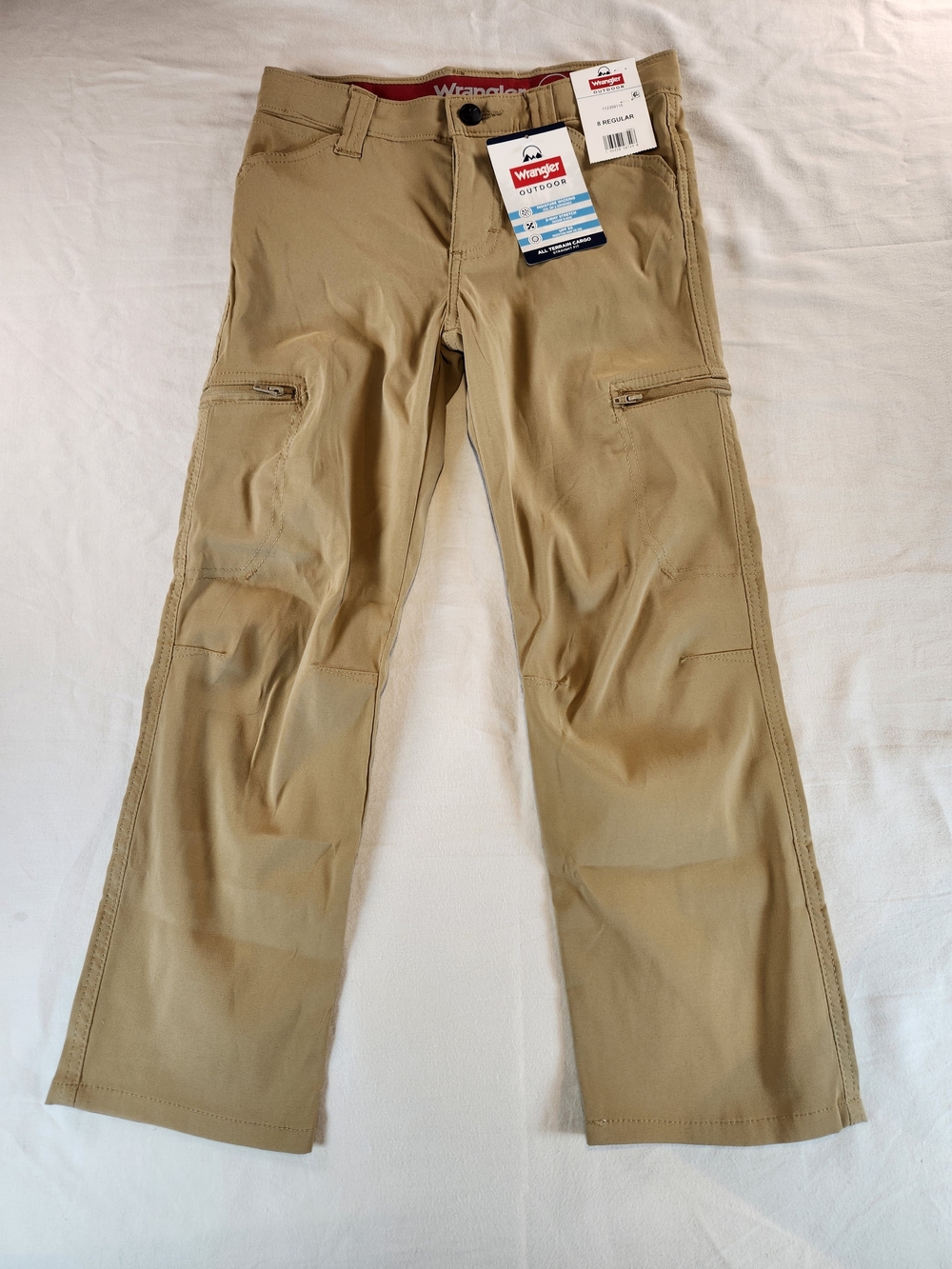 Wrangler Boys Beige Cargo Pants Straight Fit Hiking Stretch UPF 50 Zip Pocket